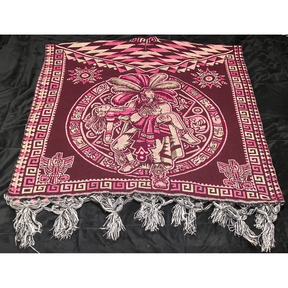 Aztec Calendar Poncho Unisex Burgundy Pink Woven Tassel Reversible